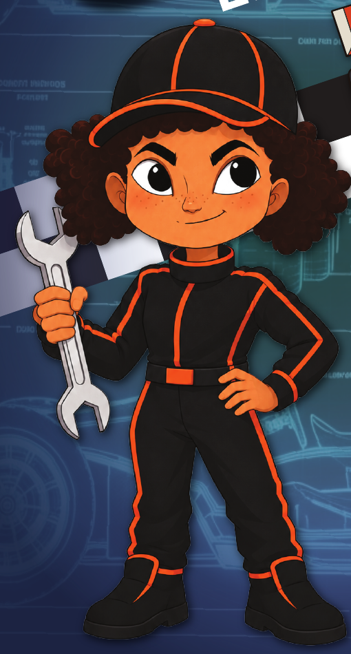 Illustration of a young engineer and a racing car